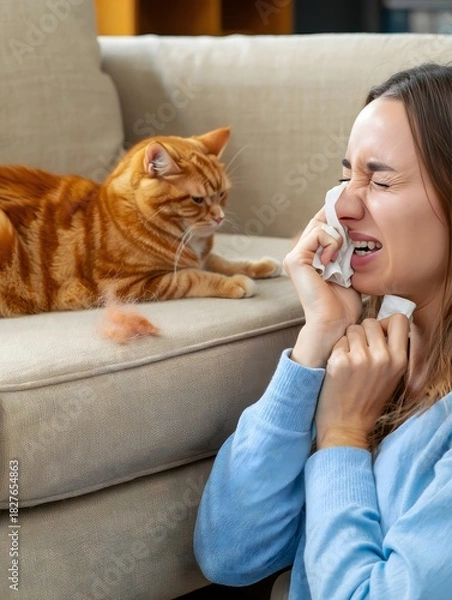 Obraz Woman Sneezing While Orange Tabby Cat Lies on Couch - Allergy Suffering