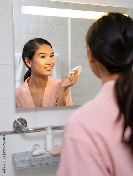 Obraz Woman Skincare Routine in Bathroom Mirror