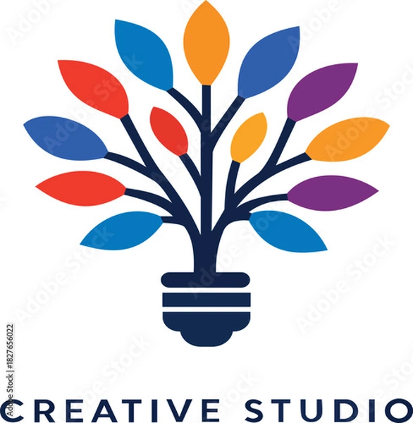 Fototapeta This logo features a stylized tree made up of colorful leaves, symbolizing creativity and growth. The trunk is designed to resemble a light bulb, signifying inspiration and innovation. The words "Crea