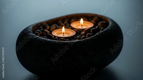 Obraz Two lit candles in a dark stone bowl with pebbles