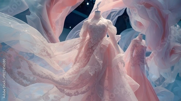 Fototapeta Ethereal blush pink wedding gowns float amidst dreamy fabrics, perfect for bridal inspiration, romantic designs, and elegant event concepts