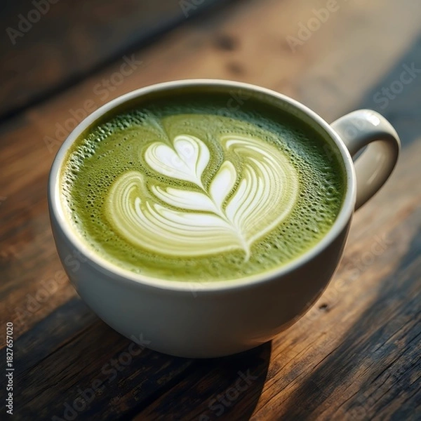 Obraz Matcha Latte Art in a White Ceramic Cup on Wooden Table