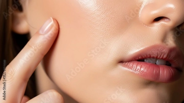Obraz Close up of a woman s glowing skin and lips with a finger touching her cheek