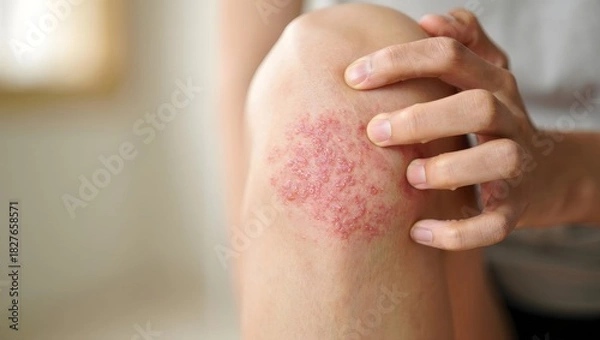 Obraz Skin Rash on Knee - Close-up of Irritated Skin and Itching