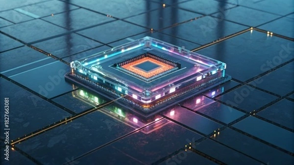 Obraz A futuristic computer chip with colorful lights sitting on a circuit board