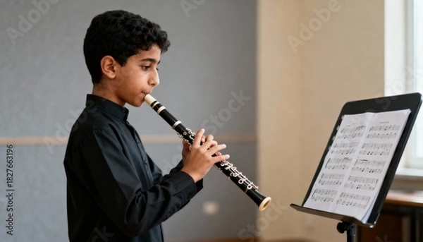 Obraz Middle Eastern Boy practicing recorder music sheet, side view with clear notes and finger positions