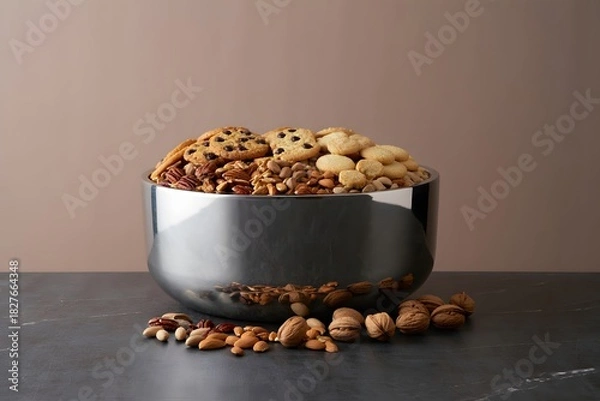 Obraz Assorted cookies and nuts in a silver bowl on a dark surface studio shot
