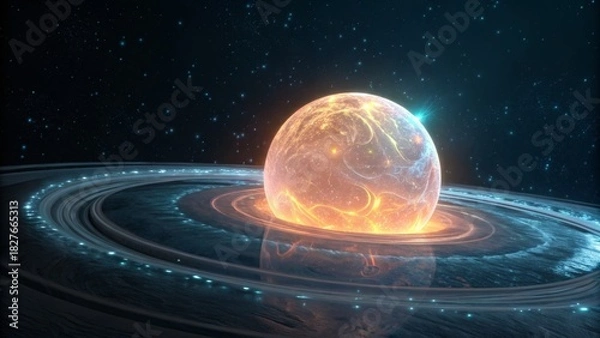 Obraz A glowing planet with rings and a bright core in the vast universe