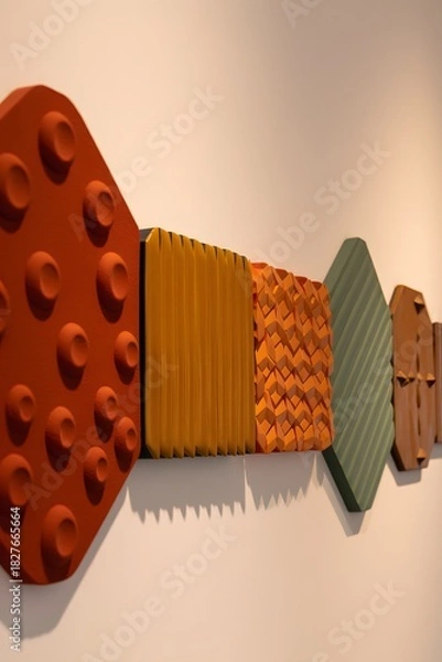 Obraz Colorful geometric wall art installation with varied textures and shapes displayed indoors