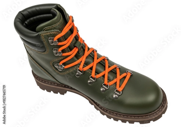 Obraz Isolated green leather hiking boot with orange laces, durable footwear for exploring nature