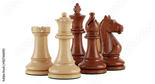 Obraz Isolated wooden chess pieces group, including a rook, queen, king, bishop, knight, strategy game