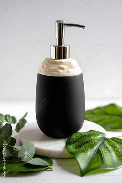 Obraz Elegant black and white soap dispenser with green leaves decoration around it