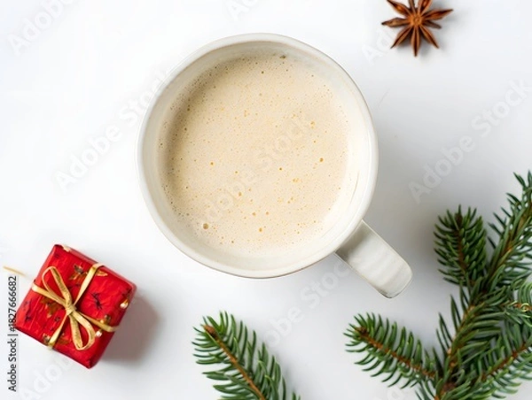 Obraz Festive christmas drink with gift and star anise and evergreen branch on white background