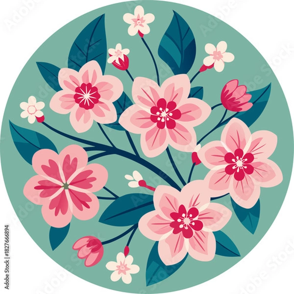 Obraz Flower vector illustration featuring pink blossoms in a circular arrangement showcasing floral design. Modern botanical poster.