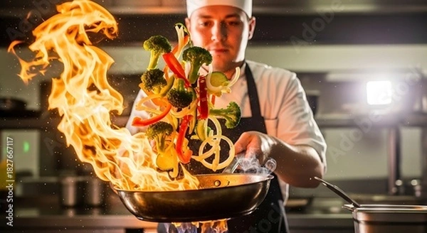 Fototapeta Chef Tossing Vegetables in a Wok with Flames.