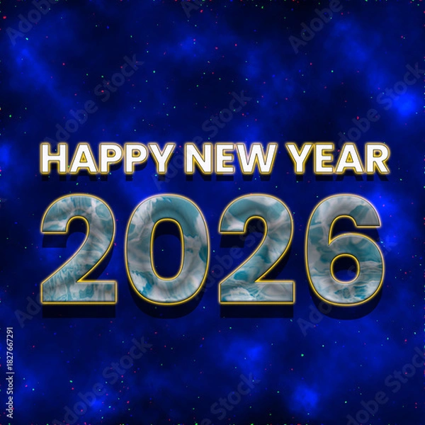Fototapeta A vibrant Happy New Year 2026 greeting card design featuring bold golden 3D typography with a marble texture on a glowing blue cosmic background filled with colorful sparkling stars.