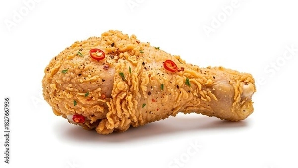 Fototapeta Crispy Fried Chicken Leg with Chili Flakes on White Background.