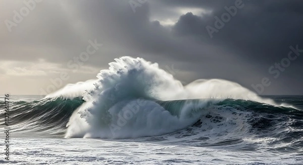 Fototapeta Dramatic ocean waves crashing under a stormy sky, powerful sea.