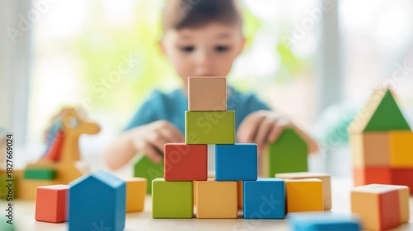 Obraz Youngster Engaged in Building Tower with Colorful Blocks in Playroom, Fostering Creativity and Fine Motor Skills, Copy Space Available