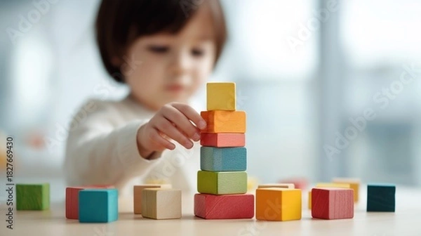 Obraz Youngster Engaged in Building Tower with Colorful Blocks in Playroom, Fostering Creativity and Fine Motor Skills, Copy Space Available