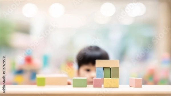 Obraz Youngster Engaged in Building Tower with Colorful Blocks in Playroom, Fostering Creativity and Fine Motor Skills, Copy Space Available