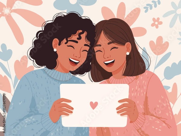 Fototapeta Two joyful women share laugh holding a tablet displaying a heart Soft colors floral background and a feeling of happiness and connection Perfect for Valentine's Day or friendship themes