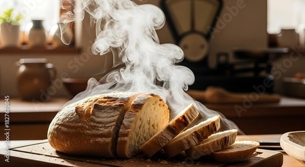 Fototapeta Freshly Baked Bread with Steam in a Rustic Kitchen.