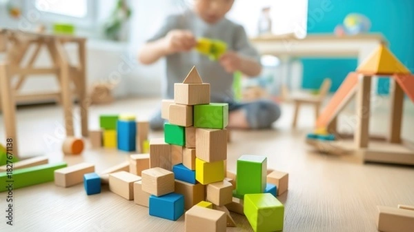 Obraz Youngster Engaged in Building Tower with Colorful Blocks in Playroom, Fostering Creativity and Fine Motor Skills, Copy Space Available