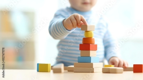 Obraz Youngster Engaged in Building Tower with Colorful Blocks in Playroom, Fostering Creativity and Fine Motor Skills, Copy Space Available