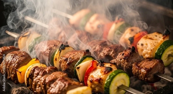 Fototapeta Grilled Skewers - A Delicious and Colorful Culinary Delight.