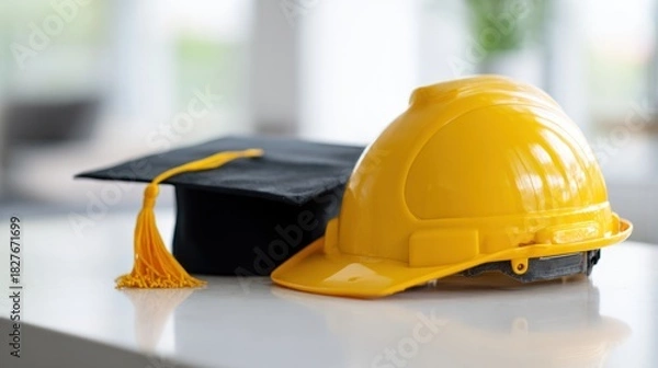 Fototapeta Education Meets Construction: a symbolic still life juxtaposing a graduation cap and hard hat. This image represents the educational journey toward a career in the building industry