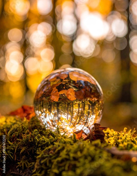 Fototapeta Glass orb with leaf reflections, Generated image	