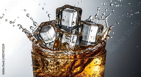 Fototapeta Refreshing Drink with Ice Cubes and Splashing Liquid.