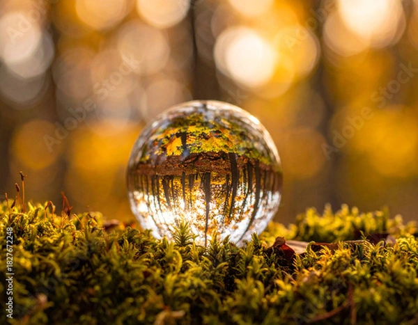 Fototapeta Glass orb with leaf reflections, Generated image	