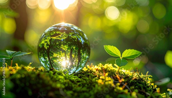 Fototapeta Glass orb with leaf reflections, Generated image	