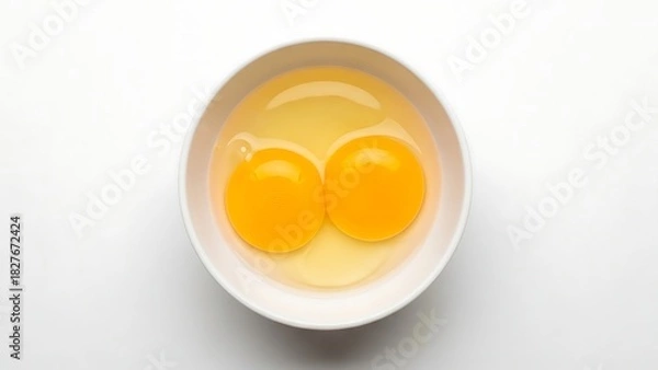 Fototapeta Two raw egg yolks in a white bowl, top view.