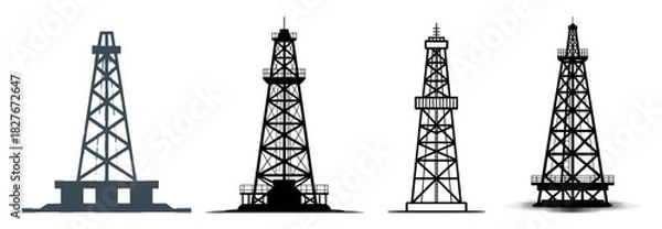Obraz oil derrick illustration set with silhouette, outline, color and engraved , vector collection for the petroleum industry and energy production