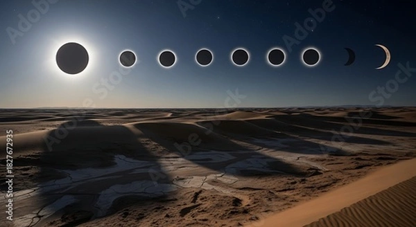 Fototapeta Solar Eclipse Sequence Over Desert Landscape - A Celestial Spectacle.