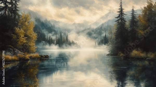 Fototapeta The mist rises from the lake in the early morning, and the forest is alive with the soft sounds of wildlife. How do you embrace this quiet moment of solitude and connection?