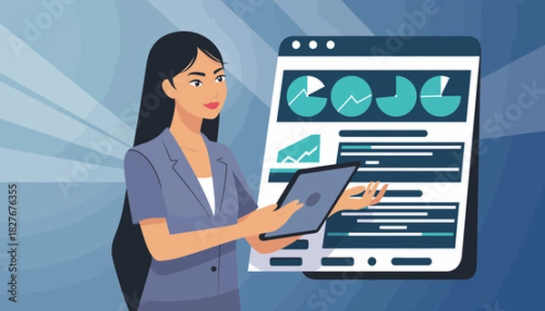 Fototapeta Professional business presentation with a woman explaining data analytics and strategic insights on a digital screen and tablet