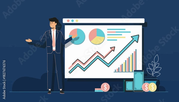 Fototapeta A businessman delivering a successful business presentation with data charts and graphs showing financial growth