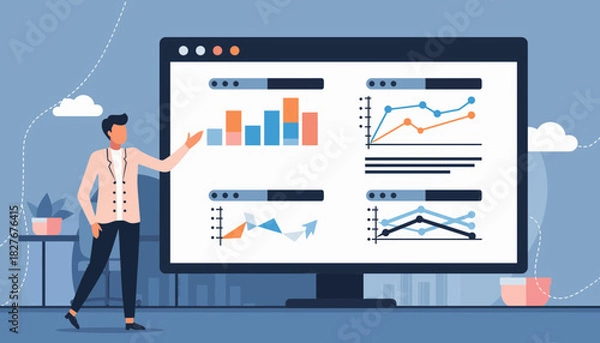Fototapeta Business presentation with graphs and charts on a large monitor