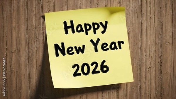 Obraz Yellow sticky note displaying happy new year 2026 in bold text, affixed to a rustic wooden background, symbolizing festive greetings and the anticipation of a new year
