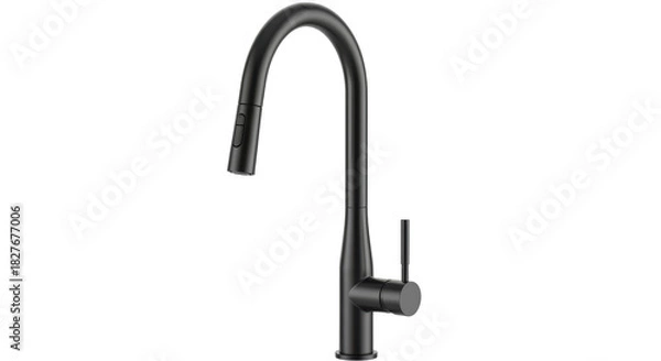 Fototapeta Isolated black kitchen faucet, pull-down sprayer, single handle, modern design, contemporary fixture