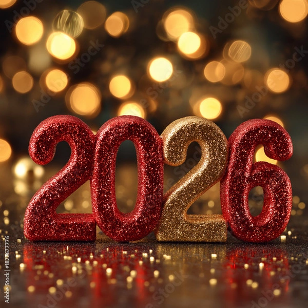 Fototapeta Sparkling 2026 New Year celebration design with festive lights and glitter for a bright future year