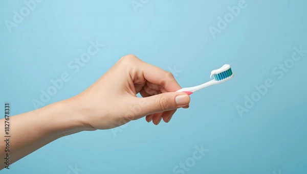 Fototapeta A hand holds a white toothbrush with toothpaste on a light blue background.