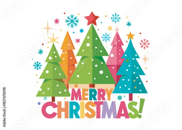 Obraz Festive merry christmas greeting with colorful christmas trees stars and snowflakes for holiday season celebrations isolated on white background logo icon on white background 
