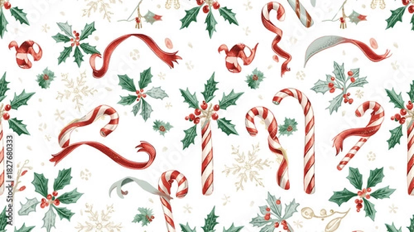 Obraz Festive Christmas pattern featuring candy canes, ribbons, holly, and snowflakes on white background.