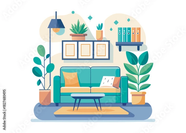 Obraz Modern living room with sofa, table, carpet, plants and other decor. Vector flat illustration of interior design and furniture
