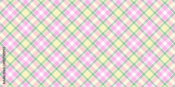 Obraz Seamless pastel pink, green, and yellow diagonal gingham plaid pattern background. Cheerful spring textile design for fabric, Easter, baby shower, or graphic use.
